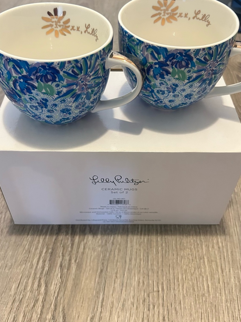 Lilly Pulitzer Blue & Green Floral Ceramic Mug Set with Gold Accents